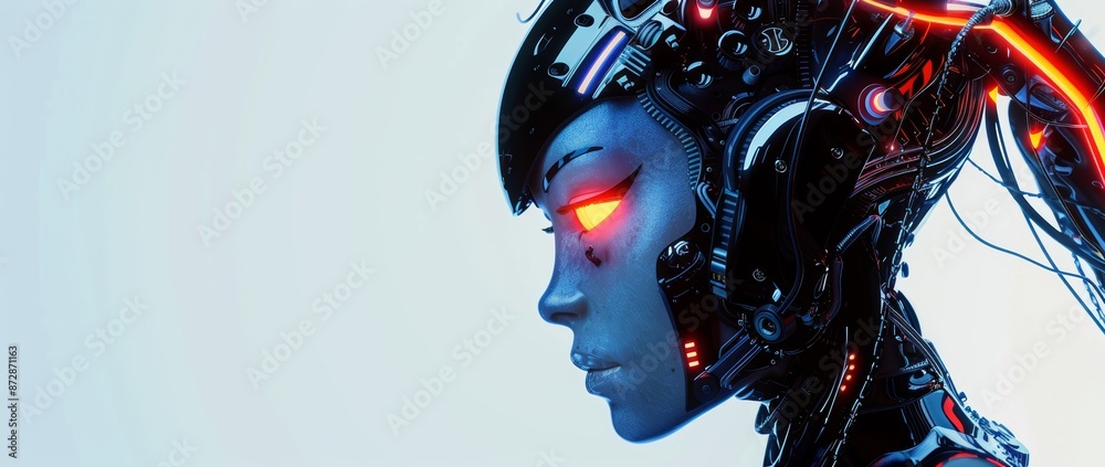 Aufkleber an image depicting a cyborg female humanoid avatar chatbot. a round icon depicting the face of the a