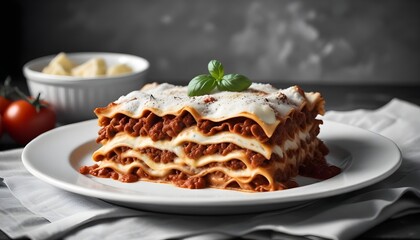 An isolated plate of freshly baked lasagna background with layers of pasta, ground meat, tomato sauce, and melted cheese, garnished with fresh basil leaves