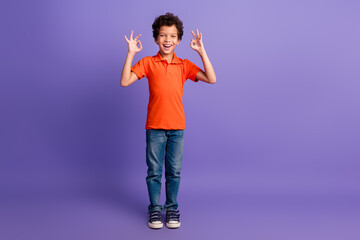 Full length photo of handsome good mood grandson wear orange polo shirt showing two okey gestures emtpy space isolated purple color background