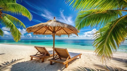 Obraz premium Wooden sun loungers under a parasol on a pristine beach with palm fronds and a view of the tranquil sea, beach, wooden