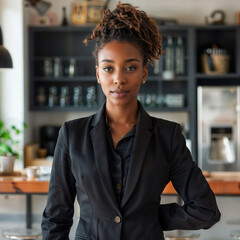 Fototapeta premium A young black woman stands in the kitchen. She holds one hand behind her back.