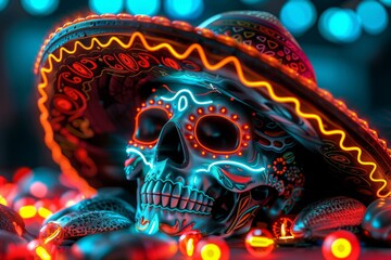 Fototapeta premium Colorful illustration of a Dia de los Muertos skull with a sombrero and vibrant patterns, showcasing cultural celebration and lively artistry in a detailed, dynamic design.