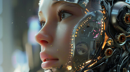 A close-up of an AI robot's face, with intricate circuitry visible beneath its transparent skin and glowing eyes reflecting the surrounding environment. 