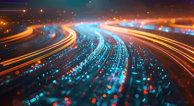 A colorful, abstract image of a city street with a bright orange line. Concept of movement and energy, as if the city is constantly in motion. The bright colors and swirling patterns create a dynamic