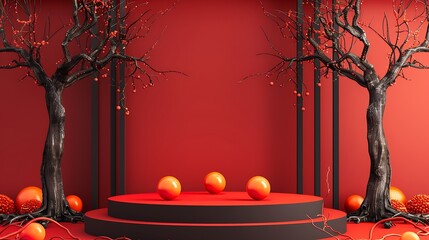 Podium centered in red and black, two dead trees on sides, orange balls at front, Chinese New Year background, minimalistic presentation.
