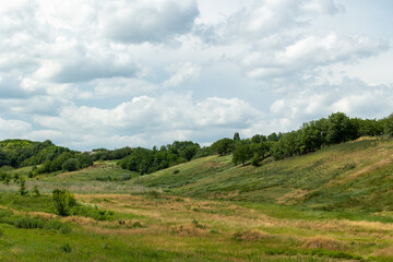 Fototapeta premium View of a valley with hills covered with grass and trees and clouds in the background