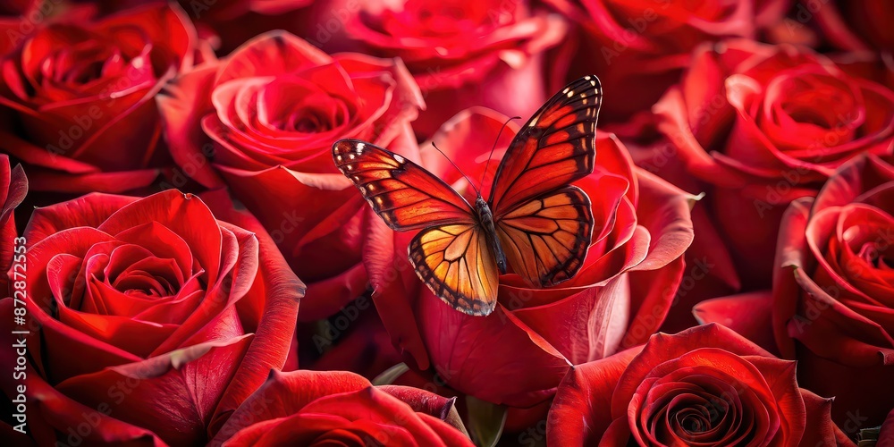 Sticker Red butterfly on vibrant red roses, red, flower, butterfly, roses, vibrant, nature, garden, beautiful, colorful, insect, petals