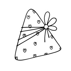 Linear sketch, outline of a gift in festive packaging for Valentine's Day. Vector graphics.