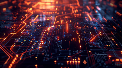 futuristic abstract background featuring intricate neon light circuitry in vibrant orange and blue hues,  high-tech electronic circuit board
