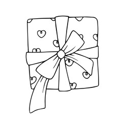 Linear sketch, outline of a gift in festive packaging for Valentine's Day. Vector graphics.