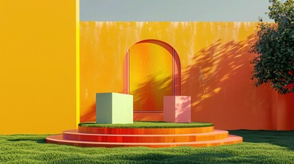 Elegant podium on high-end lawn, vibrant billboard mockup, and unique color scheme. Perfect for elite gatherings.