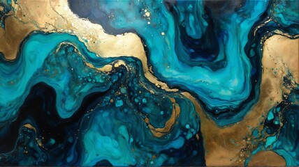 A abstract artwork showcasing the dynamic interplay of deep blues, teals, and shimmering golds in a fluid dance. The swirling forms and intricate patterns create a sense of depth and movement