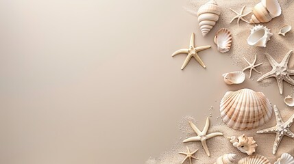 Obraz premium An elegant beach banner with a minimalist design featuring seashells and starfish on a neutral background. Travel, summer vacation concept. 