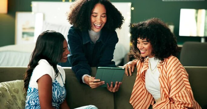 Excited, high five and tablet with women in student accommodation to search property website together. Education, fist bump and social media with friends browsing real estate in home living room