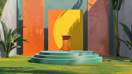 Elegant podium on high-end lawn, vibrant billboard mockup, and unique color scheme. Perfect for elite gatherings.