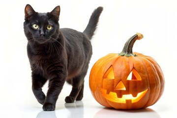 Black cat and pumpkin on white background. Halloween pumpkin monster