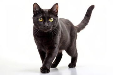 Black cat walking on white background