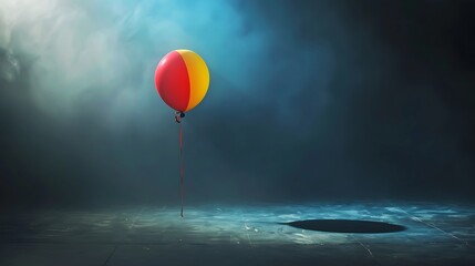 A single colorful balloon floating under a diffuse spotlight in a simple, clean background.