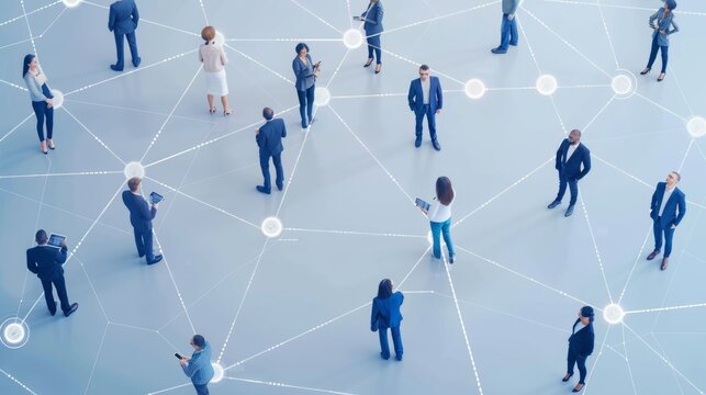 Business team network with efficient communication system, featuring connected employees and decentralized networking for enhanced collaboration