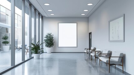 Fototapeta premium Mockup of a Minimalist Waiting Area with Modern Furniture and a Large Photo Frame on the Wall