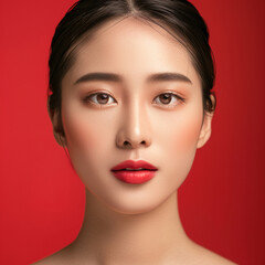 Fototapeta premium Closeup portrait of young Asian beautiful woman with Korean beauty make up style and healthy and perfect skin isolated on pink background for skincare commercial product advertising.
