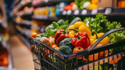 A shopping cart filled with a variety of fresh vegetables in a brightly lit supermarket aisle