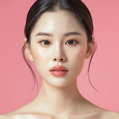 Fototapeta premium Closeup portrait of young Asian beautiful woman with Korean beauty make up style and healthy and perfect skin isolated on pink background for skincare commercial product advertising.