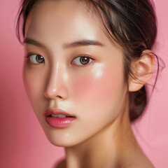 Fototapeta premium Closeup portrait of young Asian beautiful woman with Korean beauty make up style and healthy and perfect skin isolated on pink background for skincare commercial product advertising.