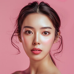 Fototapeta premium Closeup portrait of young Asian beautiful woman with Korean beauty make up style and healthy and perfect skin isolated on pink background for skincare commercial product advertising.