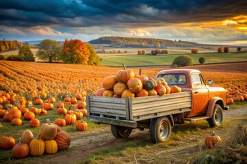 Truck with pumpkins on autumn fields background