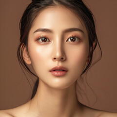Fototapeta premium Closeup portrait of young Asian beautiful woman with Korean beauty make up style and healthy and perfect skin isolated on pink background for skincare commercial product advertising.