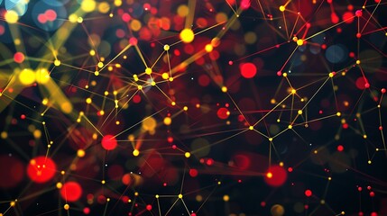 A sleek and colorful Plexus background with red and yellow nodes for a technology presentation, high-quality and minimalistic