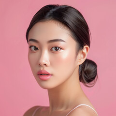 Fototapeta premium Closeup portrait of young Asian beautiful woman with Korean beauty make up style and healthy and perfect skin isolated on pink background for skincare commercial product advertising.