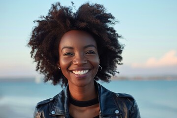 Portrait of a smiling afro-american woman in her 30s sporting a classic leather jacket isolated on calm bay background