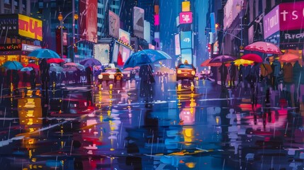 Obraz premium Illustrate an oil painting of a bustling city street in the rain, with reflections of colorful umbrellas and glowing streetlights on the wet pavement.