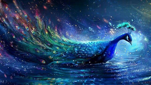 The radiant peacock of water. Anime or digital painting style, looping 4k video animation background