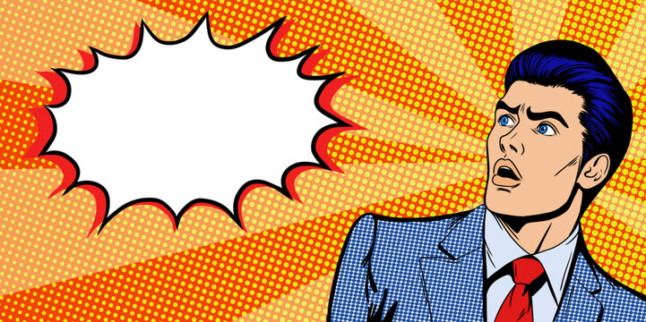 surprised young man with open mouth looking wondering. Banner design template with shocked businessman and bubble speech and empty space for text for sales discount, announcement. pop art comic style.