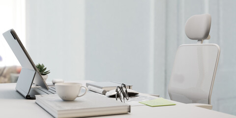 Clean white office with a laptop on the table and work equipment. 3d, rendering, illustration,