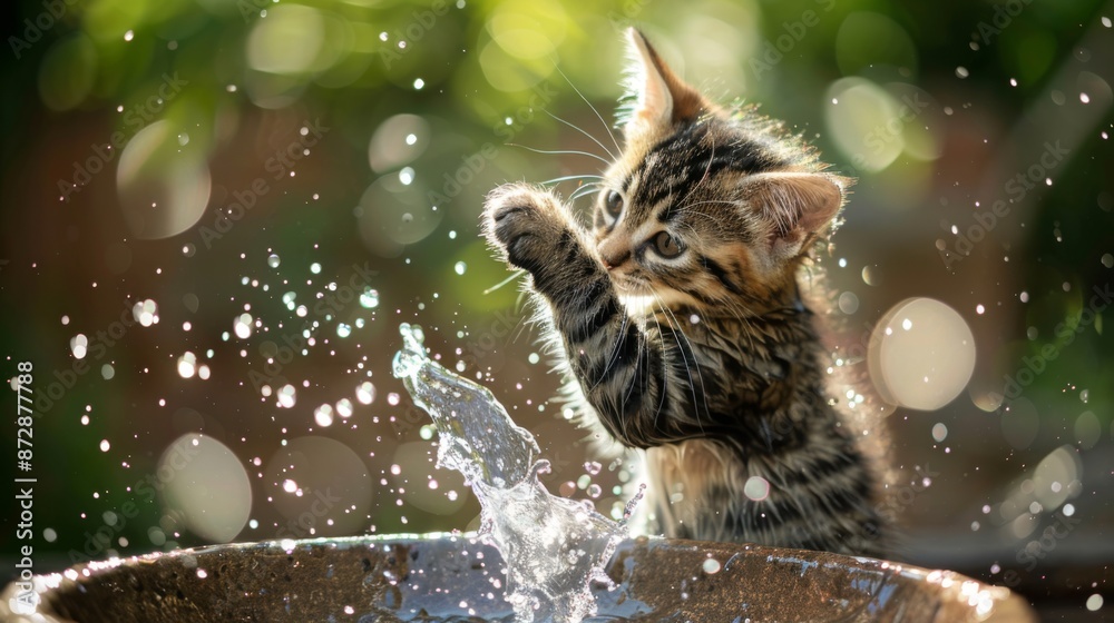 Poster a kitten playing with water in a birdbath, splashing and having fun
