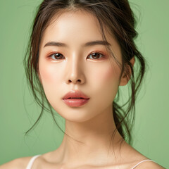 Fototapeta premium Closeup portrait of young Asian beautiful woman with Korean beauty make up style and healthy and perfect skin isolated on pink background for skincare commercial product advertising.
