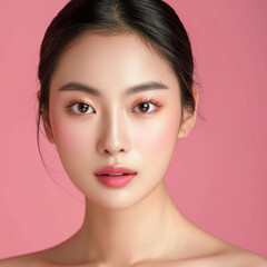 Fototapeta premium Closeup portrait of young Asian beautiful woman with Korean beauty make up style and healthy and perfect skin isolated on pink background for skincare commercial product advertising.