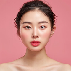 Obraz premium Closeup portrait of young Asian beautiful woman with Korean beauty make up style and healthy and perfect skin isolated on pink background for skincare commercial product advertising.