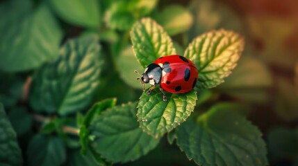 Fototapeta premium A ladybug crawling on a green leaf, its red and black spots vivid against the foliage
