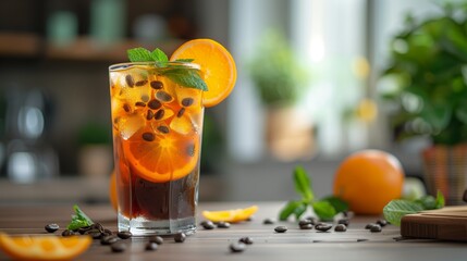A glass of cold coffee with orange and mint leaves on the kitchen table