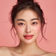 Fototapeta premium Closeup portrait of young Asian beautiful woman with Korean beauty make up style and healthy and perfect skin isolated on pink background for skincare commercial product advertising.