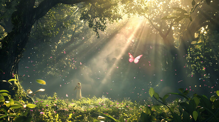 Obraz premium A beautiful forest clearing with a dense canopy. Sun rays stream through the trees, illuminating a serene scene.