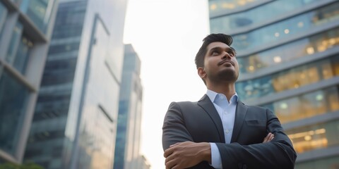 Successful, handsome businessman in a suit, standing and thinking, urban background, modern city, professional executive.