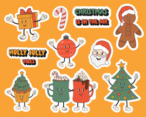 Fototapeta premium Christmas funny retro characters in groovy style. Merry Christmas and happy New Year sticker pack with Santa Clous, gift, Christmas tree, gingerbread, cocoa mugs, candy cane. Holly Jolly vibe 60s-70s.