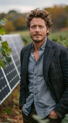 a man in a grey shirt stands in a field with a solar panel.