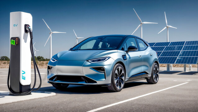 Electric car parked in front of an electric charging station, photovoltaic system and wind turbines in the background, conceptual idea of green energy from sustainable sources